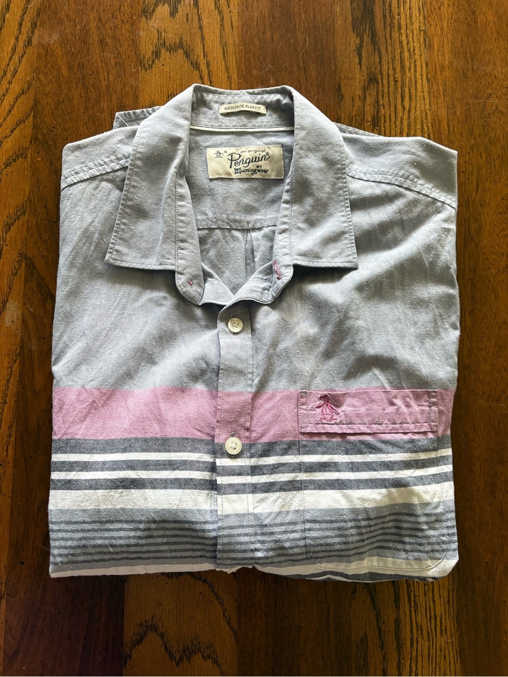 Original Penguin Light Blue and Pink Striped Casual Button-Down Shirt